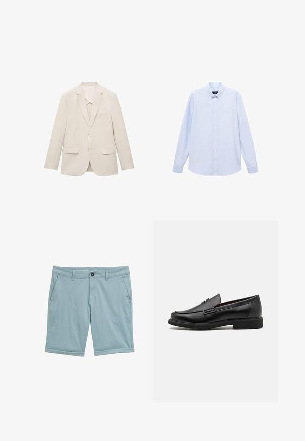 Jasno beżowa marynarka z gładkiego materiału, o designie z jedno guzikowym zapięciem, z klapami wykroju notch oraz dwiema przednimi kieszeniami.; Jasnoniebieska koszula z długim rękawem, zapinana na guziki, z klasycznym kołnierzykiem, prostym dołem i subtelną teksturą. Posiada centralne zapięcie na guziki.; Jasnoniebieskie szorty wykonane z materiału o gładkiej strukturze. Posiadają zapięcie na guzik, szlufki na pasek oraz podwinięte nogawki.; Czarne syntetyczne mokasyny z wyraźnym przeszyciem z przodu, wyściełaną wkładką i płaską gumową podeszwą; smukły design z minimalnymi detalami.