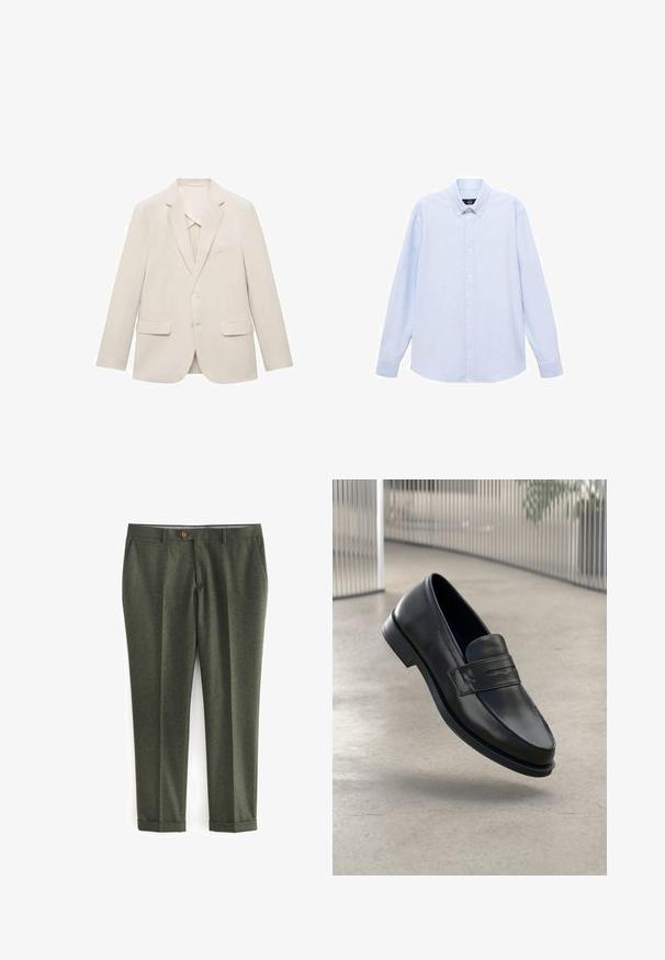 Helle beigefarbene Anzugjacke aus glattem Stoff, mit einem einreihigen Design, Reverskragen und zwei vorderen Taschen.; Hellblaues Langarmhemd mit Knopfleiste, klassischem Kragen, geradem Saum und subtiler Textur. Mit zentraler Knopfverschluss.; Dunkelgrüne Hosen aus strukturiertem Stoff, mit seitlichen Taschen, einem vorderen Knopfverschluss und umgeschlagenen Säumen für einen maßgeschneiderten Look.; Schwarzer Lederloafer mit glatter Textur, spitzer Zehe und einem dekorativen Riemen über dem Rist. Leichte Sohle, minimalistisches Design.