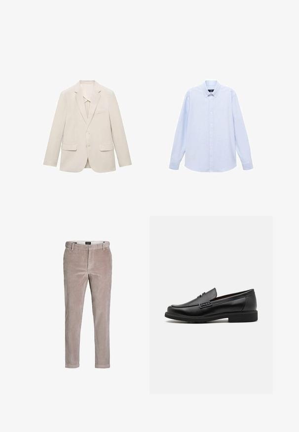 Lichtbeige colbert gemaakt van een gladde stof, met een enkelvoudige sluiting, notch revers en twee voorzakken.; Lichtblauwe overhemd met lange mouwen, knoopsluiting en een klassieke kraag, met een rechte zoom en een subtiele textuur. Voorzien van een centrale knoopsluiting.; Lichtbruine slim-fit ribbroeken met knoopsluiting en riemlussen, ontworpen voor casual of semi-formele gelegenheid.; Zwarte synthetische loafers met een opvallende gestikte voorkant, gevoerde binnenzool en platte rubberen buitenzool; slank ontwerp met minimale details.