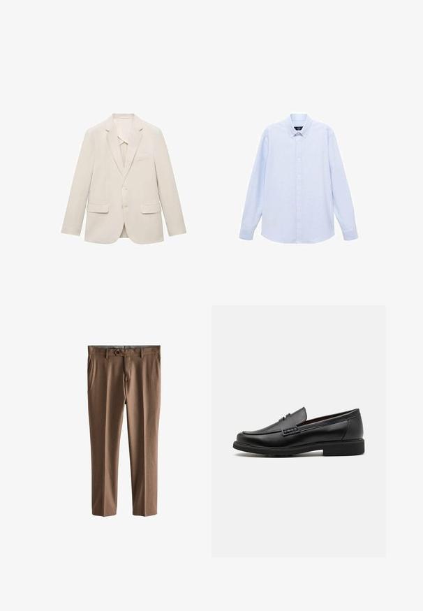 Svetlo béžová sako z hladkej látky, s jednoradovým dizajnom, s výrezovými klopami a dvoma prednými vreckami.; Svetlomodrá košeľa s dlhým rukávom a gombíkmi, s klasickým golierom, rovnými okrajmi a jemnou textúrou. Obsahuje centrálny gombíkový zapínací systém.; Hnedé, prispôsobené nohavice z štruktúrovanej tkaniny. Obsahujú zapínanie na jeden gombík, dve predné vrecká a nohavice rovného strihu.; Čierne syntetické poltopánky s výrazným prešitým predným detailom, vycpanou vnútornou stielkou a plochou gumovou podrážkou; elegantný dizajn s minimálnym zdobením.