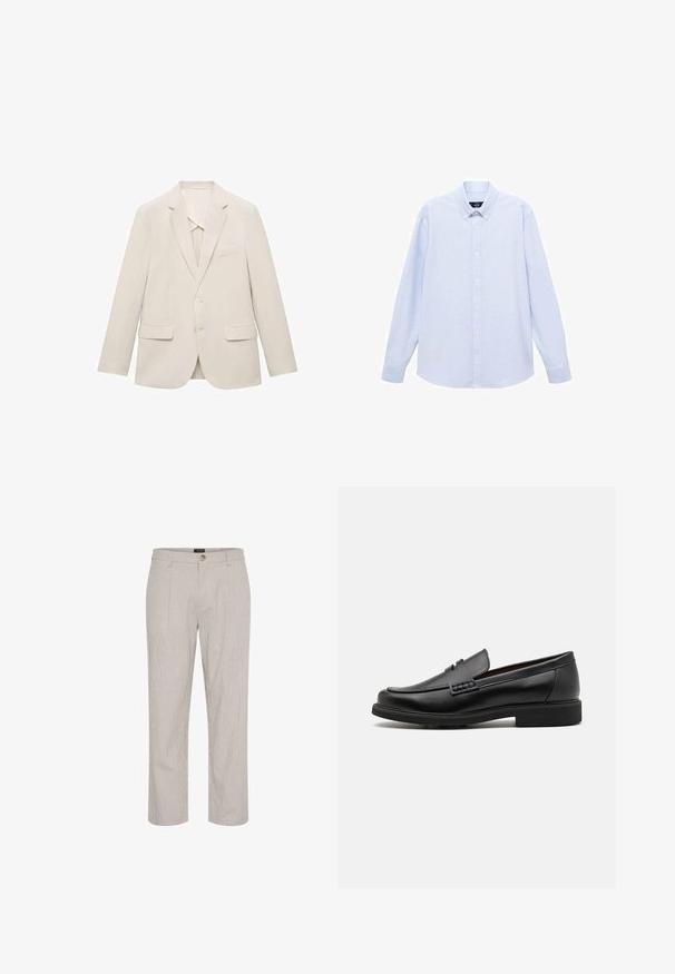 Ljusbeige kavaj i slät tyg, med enkelknappad design, snedskurna slag och två framfickor.; Ljusblå långärmad skjorta med knappar och klassisk krage, rak fåll och subtil textur. Har en central knäppning.; Ljust grå randiga byxor, rak skärning, med en enda knappstängning i midjan och två framfickor. Slät textur.; Svart syntetiska loafers med en framträdande söm på framsidan, vadderad sula och platt gummiyttersula; elegant design med minimalt detaljerad.