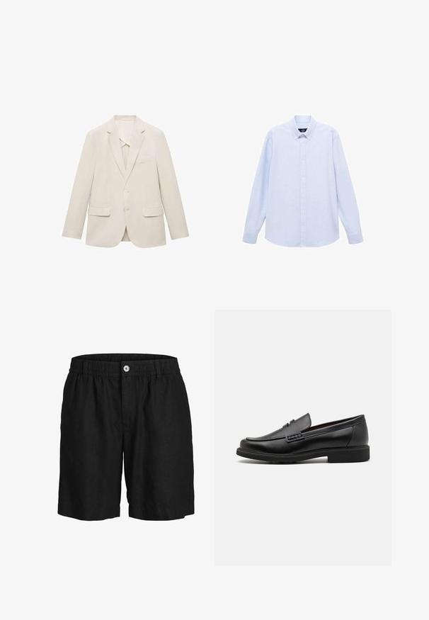 Veste de costume beige clair en tissu lisse, dotée d'un design à un bouton, de revers crantés et de deux poches avant.; Chemise boutonnée à manches longues bleu clair avec un col classique, un ourlet droit et une texture subtile. Présente une fermeture par bouton central.; Jack & Jones Short - black onyx; Chaussures de ville synthétiques noires avec un devant cousu bien visible, semelle intérieure rembourrée et semelle extérieure en caoutchouc plate ; design épuré avec un minimum de détails.