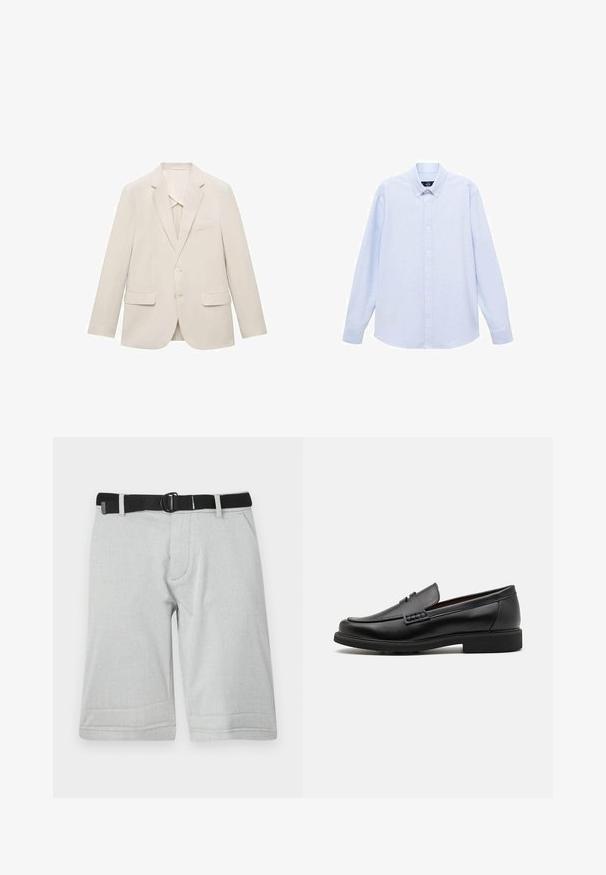 Helle beigefarbene Anzugjacke aus glattem Stoff, mit einem einreihigen Design, Reverskragen und zwei vorderen Taschen.; Hellblaues Langarmhemd mit Knopfleiste, klassischem Kragen, geradem Saum und subtiler Textur. Mit zentraler Knopfverschluss.; Hellgraue Shorts aus einem strukturierten Stoff, ausgestattet mit einem schwarzen verstellbaren Gürtel und zwei Seitentaschen, knielang mit geradem Schnitt.; Schwarze synthetische Slipper mit einer markanten gesteppten Vorderseite, gepolstertem Fußbett und flacher Gummisohle; schlankes Design mit minimaler Detailverarbeitung.