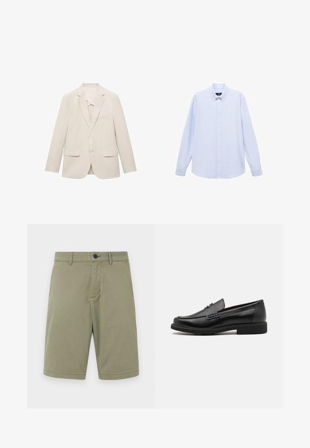 Lysbeige suitsjakke lavet af glat stof med enkeltknap -design, notch-klapkraver og to forreste lommer.; Lyseblå langærmet skjorte med knapper og klassisk krave, lige bund og subtil tekstur. Har en central knaplukning.; Khaki shorts lavet af bomuld, med bæltestropper, en frontknap og et fladt frontdesign med en ren finish og ingen lommer.; Sorte syntetiske loafers med en fremtrædende syet front, polstret indersål og flad gummiydersål; slankt design med minimal detaljer.