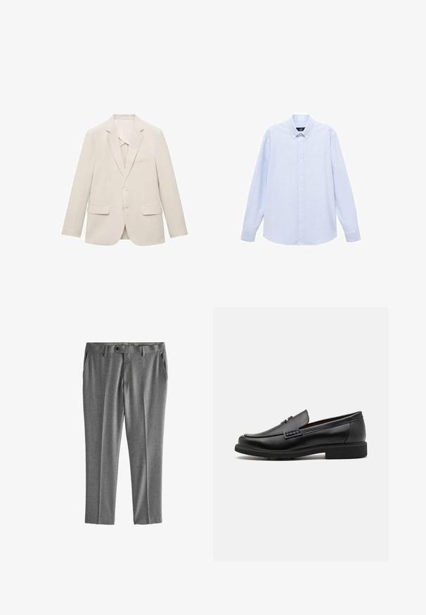Svijetlosmeđa jakna od odijela izrađena od glatkog materijala, s jednim kopčanjem, otklonjenim reverima i dva prednja džepa.; Svijetloplava košulja dugih rukava s dugim rukavima i klasičnim ovratnikom, ravnim rubom i suptilnom teksturom. Ima središnje kopčanje na gumbe.; Sive hlače od teksturiranog materijala, s bočnim džepovima, kopčanjem na dugme i ravnim krojem s naborima sprijeda.; Crne sintetičke loafers cipele s izraženim šavom sprijeda, podstavljenom uloškom i ravnim gumeni potplatom; elegantan dizajn s minimalnim detaljima.