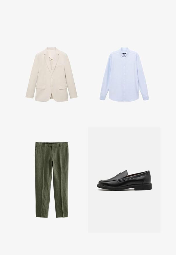 Svetlo bež suknjič iz gladkega materiala, s pravočrtno zasnovo, z obrežnimi reverji in dvema sprednjima žepoma.; Svetlo modra srajca z dolgimi rokavi in gumbi, klasičnega ovratnika, ravnega roba in subtilne teksture. Ima srednje gumbno zapiranje.; Next SIGNATURE - REGULAR FIT - Hlače - olive green; Črne sintetične loafers čevlje s poudarjenim šivanim sprednjim delom, blazinasto vložkom in ravnim gumijastim podplatom; eleganten dizajn z minimalnimi detajli.