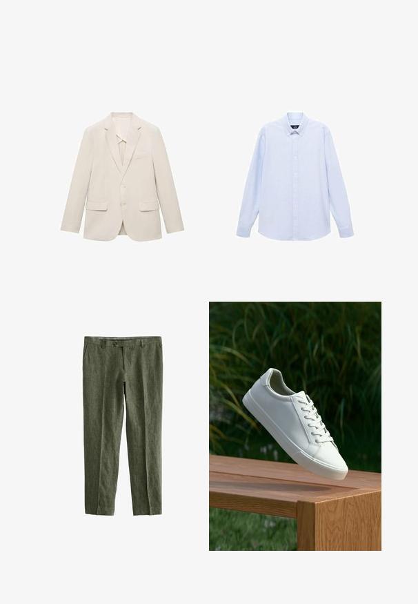 Sacou bej deschis dintr-un material neted, având un design cu un singur buton, rever tip notch și două buzunare frontale.; Cămașă cu mâneci lungi de un albastru deschis, cu guler clasic, tiv drept și o textură subtilă. Prezintă un închidere centrală cu nasturi.; Next SIGNATURE - REGULAR FIT - Pantaloni - olive green; Adidași albi cu șireturi, suspendați deasupra unei bănci din lemn, având în fundal frunze verzi, evidențiind designul și textura încălțămintei.