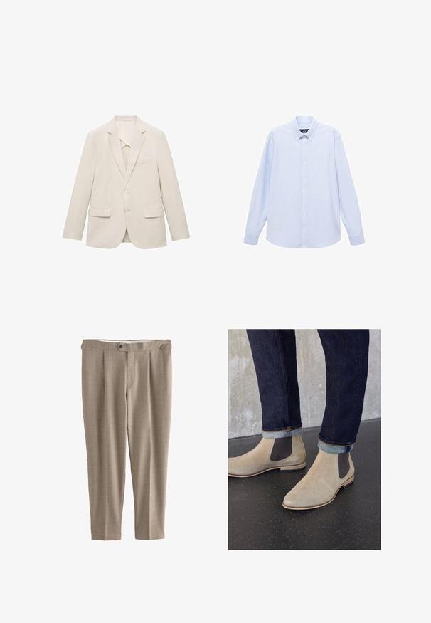 Light beige suit jacket made of smooth fabric, featuring a single-breasted design, notch lapels, and two front pockets.; Light blue long-sleeve button-up shirt with a classic collar, straight hem, and subtle texture. Features a central button closure.; Beige, straight-leg trousers with a smooth texture, single button closure, and two front pleats, featuring belt loops and no pockets.; Zign LEATHER - Classic ankle boots - sand