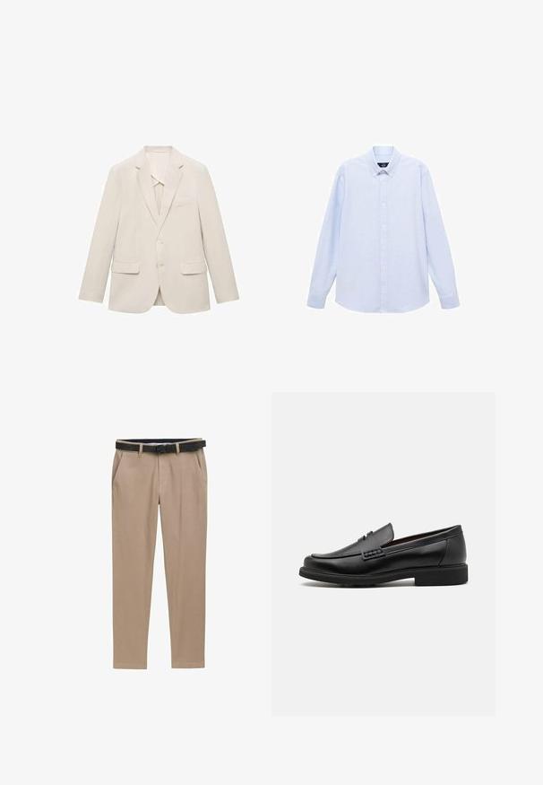 Lichtbeige colbert gemaakt van een gladde stof, met een enkelvoudige sluiting, notch revers en twee voorzakken.; Lichtblauwe overhemd met lange mouwen, knoopsluiting en een klassieke kraag, met een rechte zoom en een subtiele textuur. Voorzien van een centrale knoopsluiting.; TOM TAILOR TRAVELER - Chino - beige zig zag structure; Zwarte synthetische loafers met een opvallende gestikte voorkant, gevoerde binnenzool en platte rubberen buitenzool; slank ontwerp met minimale details.