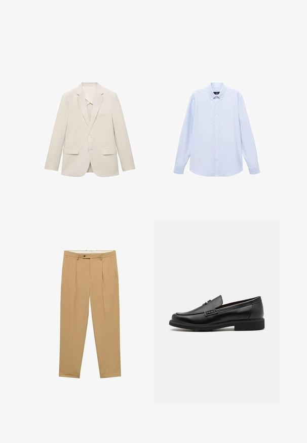 Helle beigefarbene Anzugjacke aus glattem Stoff, mit einem einreihigen Design, Reverskragen und zwei vorderen Taschen.; Hellblaues Langarmhemd mit Knopfleiste, klassischem Kragen, geradem Saum und subtiler Textur. Mit zentraler Knopfverschluss.; Khakifarbene Anzughosen mit maßgeschneidertem Design, ausgestattet mit zwei vorderen Taschen, einem einzigen Knopfverschluss und einem glatten, leichten Stoff.; Schwarze synthetische Slipper mit einer markanten gesteppten Vorderseite, gepolstertem Fußbett und flacher Gummisohle; schlankes Design mit minimaler Detailverarbeitung.