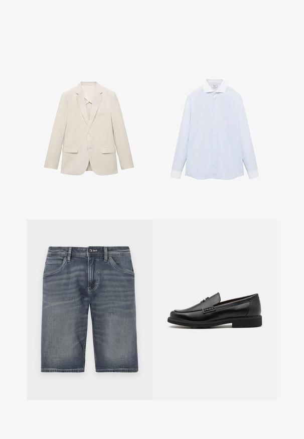 Giacca da uomo beige chiaro realizzata in tessuto liscio, caratterizzata da un design a un petto, rever a inversione e due tasche frontali.; Camicia a maniche lunghe a righe blu chiaro con colletto e polsini bianchi, dotata di chiusura con bottoni sul davanti e orlo curvo. Tessuto dalla texture liscia.; Pantaloni shorts in denim di un blu sbiadito, con chiusura a bottone e cerniera, cinque tasche e dettagli di cucitura in evidenza.; Mocassini sintetici neri con una spessa cucitura frontale, soletta imbottita e suola piatta in gomma; design elegante con dettagli minimi.