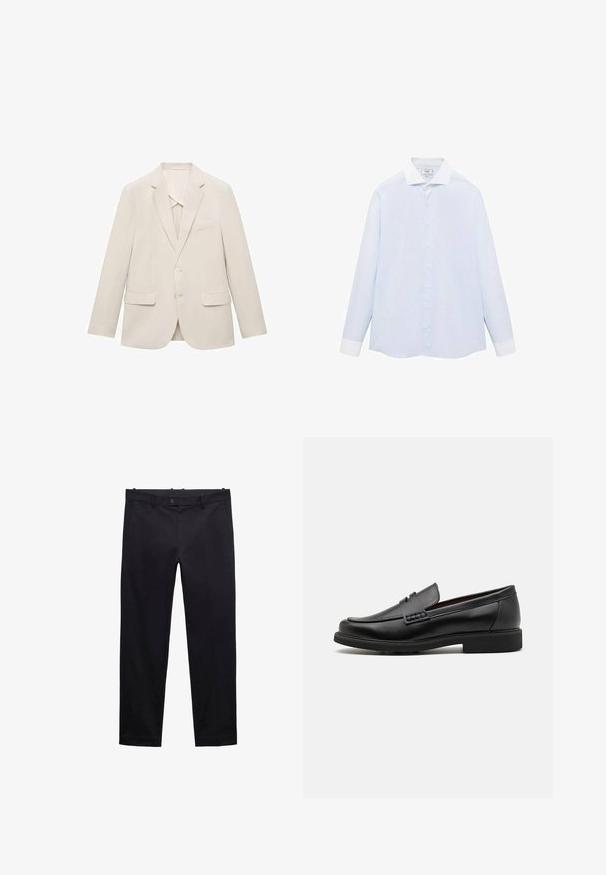 Lysbeige suitsjakke lavet af glat stof med enkeltknap -design, notch-klapkraver og to forreste lommer.; Lysblå stribet langermet skjorte med hvid krave og manchetter, udstyret med knaplukning og en buet kant. Glat stofstruktur.; Sorte bukser lavet af let stof. Har lige ben, bæltestropper, knaplukning og lommer. Glat tekstur uden mønstre.; Sorte syntetiske loafers med en fremtrædende syet front, polstret indersål og flad gummiydersål; slankt design med minimal detaljer.