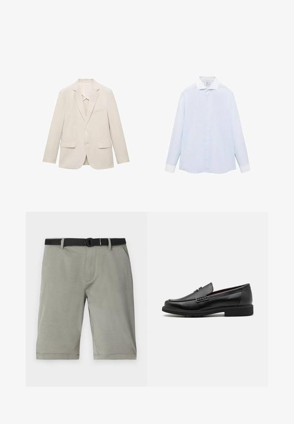Světle béžová sako vyrobené z hladké tkaniny, s jednobarevným designem, klopami a dvěma předními kapsami.; Svetle modrá pruhovaná košile s dlouhým rukávem, bílým límečkem a manžetami, s předním zapínáním na knoflíky a zakřiveným lemem. Hladká textura látky.; Šedé šortky vyrobené z texturované látky, s černým pásem, standardními kapsami a lemem dokončujícím právě nad kolenem.; Černé syntetické mokasíny s výrazně prošívanou špicí, měkkou stélkou a plochou gumovou podrážkou; elegantní design s minimálním zdobením.
