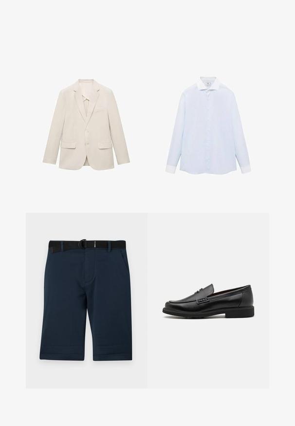 Vaaleanbeige pikkutakki, joka on valmistettu sileästä kankaasta. Takissa on yksirivinen malli, leikattu kaulus ja kaksi etutaskua.; Vaaleansininen raidallinen pitkähiha shirt, jossa on valkoinen kaulus ja hihansuut, varustettu napituksella ja kaarevalla helmalla. Silkkinen kangaslaatu.; Tummansinisiä shortseja, jotka on valmistettu tekstuurista kankaasta. Shortseissa on musta säädettävä vyö, kaksi sivutaskua ja suora helma.; Musta keinotekoinen mokka, jossa on korostettu ommeltu etuosa, pehmeä sisäpohja ja litteä kumipohja; tyylikäs muotoilu, jossa on vähäistä yksityiskohtaisuutta.