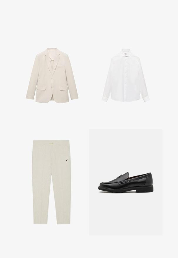 Svijetlosmeđa jakna od odijela izrađena od glatkog materijala, s jednim kopčanjem, otklonjenim reverima i dva prednja džepa.; Bijela košulja dugih rukava s dugim ovratnikom, s glatkom teksturom i sedam gumba sprijeda.; Svijetlo bež krojene hlače s suptilnom teksturom, s kopčanjem na dugme i izvezenim tamnim grbom pokraj džepa.; Crne sintetičke loafers cipele s izraženim šavom sprijeda, podstavljenom uloškom i ravnim gumeni potplatom; elegantan dizajn s minimalnim detaljima.