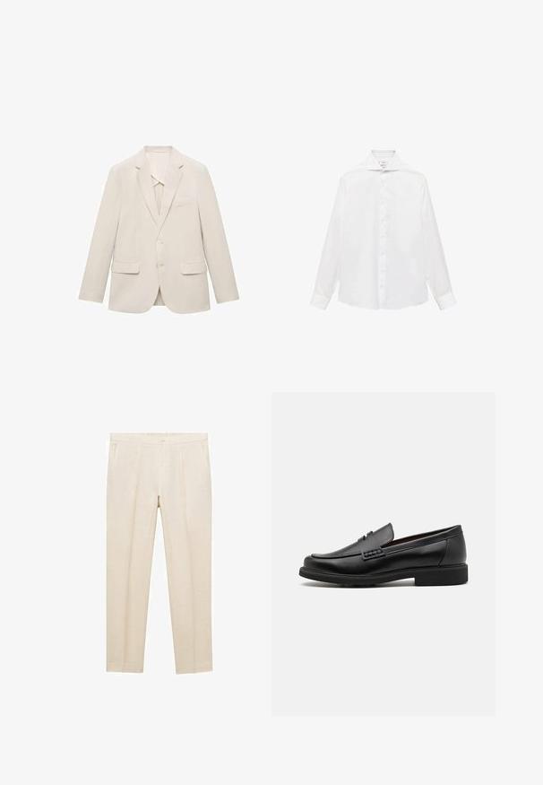Svetlo bež suknjič iz gladkega materiala, s pravočrtno zasnovo, z obrežnimi reverji in dvema sprednjima žepoma.; Bela srajca z dolgimi rokavi in gumbi, z ostrim ovratnikom, ki ima gladko teksturo in sedem gumbov spredaj.; Bež lanene hlače ravnega kroja z ravnim sprednjim delom, dvema stranskima žepoma in enojnim zapiranjem na kljukico v pasu.; Črne sintetične loafers čevlje s poudarjenim šivanim sprednjim delom, blazinasto vložkom in ravnim gumijastim podplatom; eleganten dizajn z minimalnimi detajli.