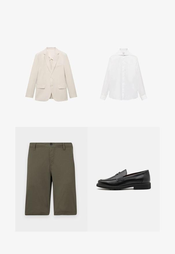Svetlo bež suknjič iz gladkega materiala, s pravočrtno zasnovo, z obrežnimi reverji in dvema sprednjima žepoma.; Bela srajca z dolgimi rokavi in gumbi, z ostrim ovratnikom, ki ima gladko teksturo in sedem gumbov spredaj.; Khaki kratke hlače iz trpežnega materiala z ravnim sprednjim delom, obročki za pas in gumbom za zapiranje; vsebujejo dve stranski žepi in urejen šiv.; Črne sintetične loafers čevlje s poudarjenim šivanim sprednjim delom, blazinasto vložkom in ravnim gumijastim podplatom; eleganten dizajn z minimalnimi detajli.