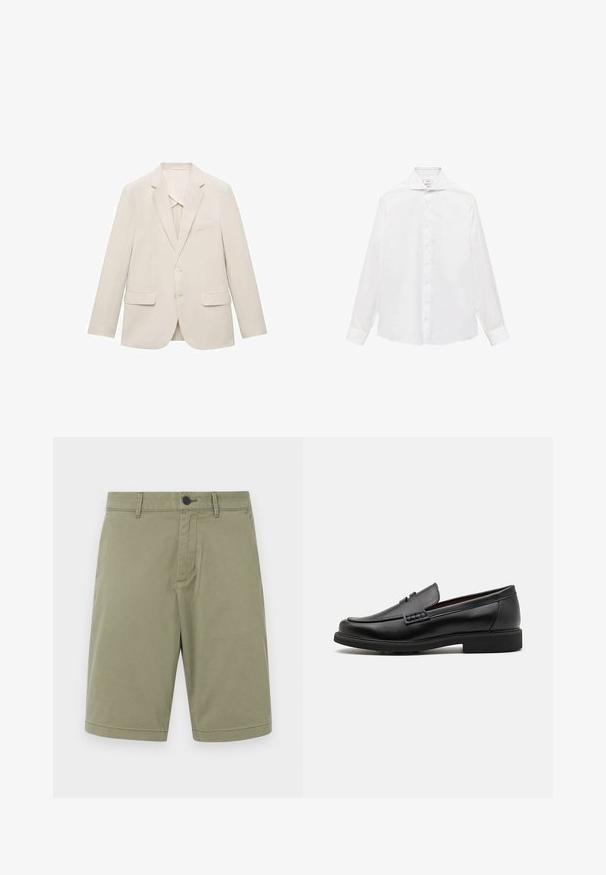 Lichtbeige colbert gemaakt van een gladde stof, met een enkelvoudige sluiting, notch revers en twee voorzakken.; Witte lange mouwen overhemd met een puntige kraag, met een gladde textuur en zeven knopen aan de voorkant.; Kaki shorts gemaakt van katoen, met riemlussen, een knoop aan de voorkant en een flat front ontwerp met een nette afwerking en zonder zakken.; Zwarte synthetische loafers met een opvallende gestikte voorkant, gevoerde binnenzool en platte rubberen buitenzool; slank ontwerp met minimale details.