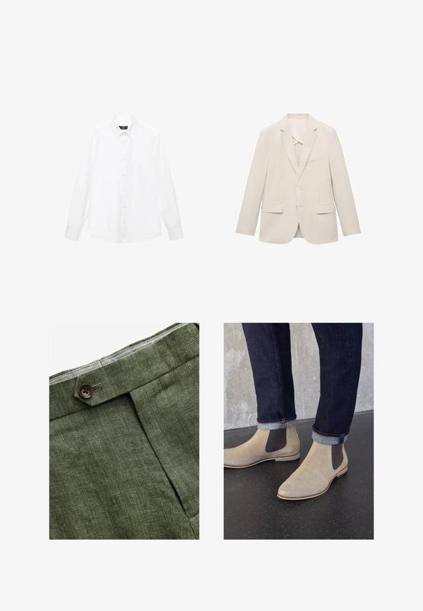 Helle beigefarbene Anzugjacke aus glattem Stoff, mit einem einreihigen Design, Reverskragen und zwei vorderen Taschen.; Weißes langärmliges Hemd mit Button-Down-Kragen, Knöpfen vorne, geradem Saum und weichem Baumwollstoff. Minimalistisches Design ohne Muster.; Olivengrüne Leinenhose mit einem Bundfalten, ausgestattet mit einem Knopfverschluss und einem kontrastierenden karierten Futter am Bund.; Zign LEATHER - Stiefelette - sand