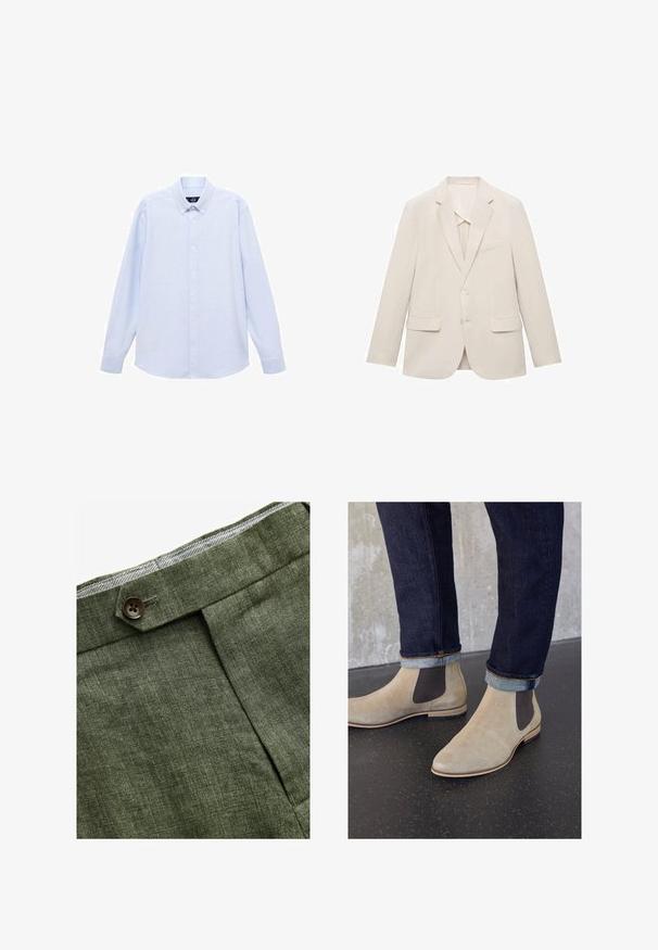Jasno beżowa marynarka z gładkiego materiału, o designie z jedno guzikowym zapięciem, z klapami wykroju notch oraz dwiema przednimi kieszeniami.; Jasnoniebieska koszula z długim rękawem, zapinana na guziki, z klasycznym kołnierzykiem, prostym dołem i subtelną teksturą. Posiada centralne zapięcie na guziki.; Zielone lniane spodnie w odcieniu oliwkowym z plisami z przodu, posiadające zapięcie na guzik i kontrastową kratkowaną podszewkę w pasie.; Zign LEATHER - Botki