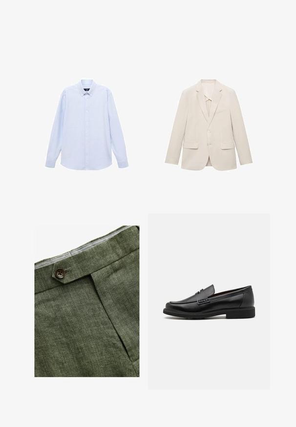 Americana de traje beige claro hecha de tejido suave, con diseño de un solo botón, solapas de muesca y dos bolsillos frontales.; Camisa de botones de manga larga azul claro con cuello clásico, dobladillo recto y una sutil textura. Presenta un cierre central de botones.; Pantalones de lino verde oliva con un pliegue delantero, que cuentan con un cierre de botón y un forro a cuadros en contraste en la cinturilla.; Mocasines sintéticos negros con un prominente frente cosido, plantilla acolchada y suela plana de goma; diseño elegante con un detalle mínimo.