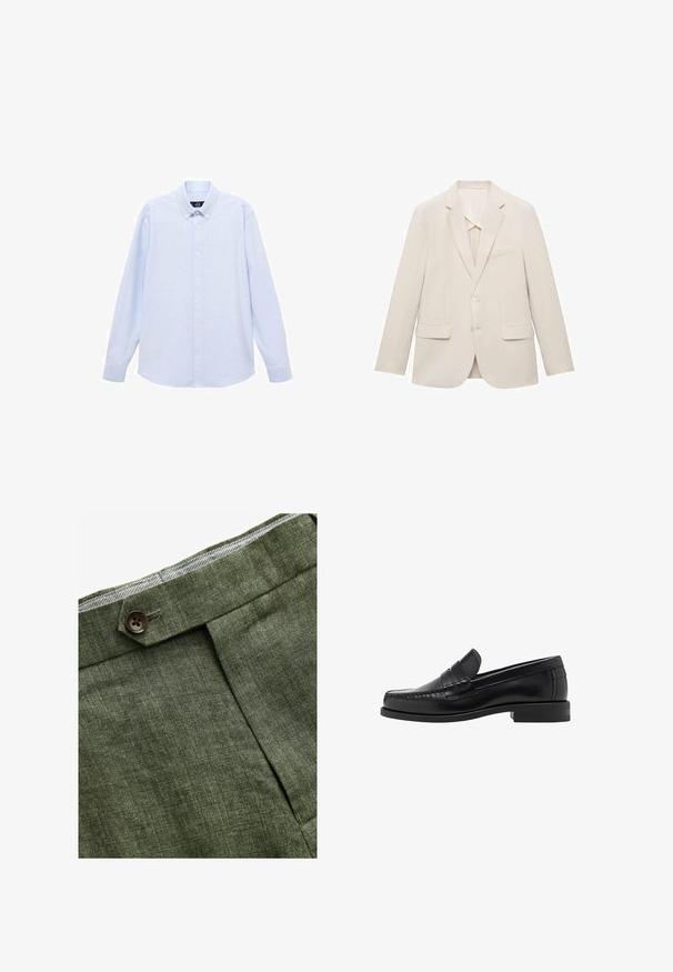Jasno beżowa marynarka z gładkiego materiału, o designie z jedno guzikowym zapięciem, z klapami wykroju notch oraz dwiema przednimi kieszeniami.; Jasnoniebieska koszula z długim rękawem, zapinana na guziki, z klasycznym kołnierzykiem, prostym dołem i subtelną teksturą. Posiada centralne zapięcie na guziki.; Zielone lniane spodnie w odcieniu oliwkowym z plisami z przodu, posiadające zapięcie na guzik i kontrastową kratkowaną podszewkę w pasie.; Czarne skórzane mokasyny o gładkim wykończeniu, ze stębnowaniem na nosie i niskim obcasem, zapewniającymi komfort i styl.