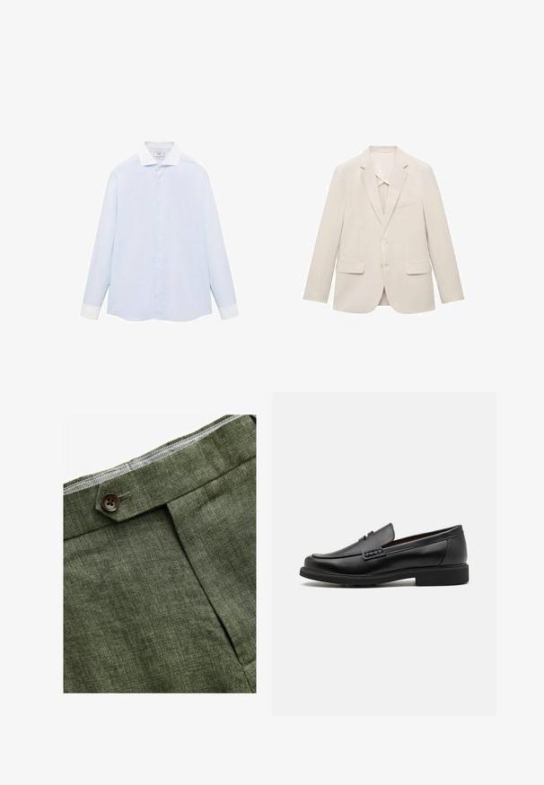 Svijetlosmeđa jakna od odijela izrađena od glatkog materijala, s jednim kopčanjem, otklonjenim reverima i dva prednja džepa.; Svijetloplava prugasta košulja dugih rukava s bijelim ovratnikom i manžetama, koja se zatvara gumbima sprijeda i ima zaobljeni rub. Glatka tekstura tkanine.; Maslinaste zelene lanene hlače s prednjim nabora, s zatvaranjem na dugme i kontrastnom kariranom podlogom na pojasu.; Crne sintetičke loafers cipele s izraženim šavom sprijeda, podstavljenom uloškom i ravnim gumeni potplatom; elegantan dizajn s minimalnim detaljima.