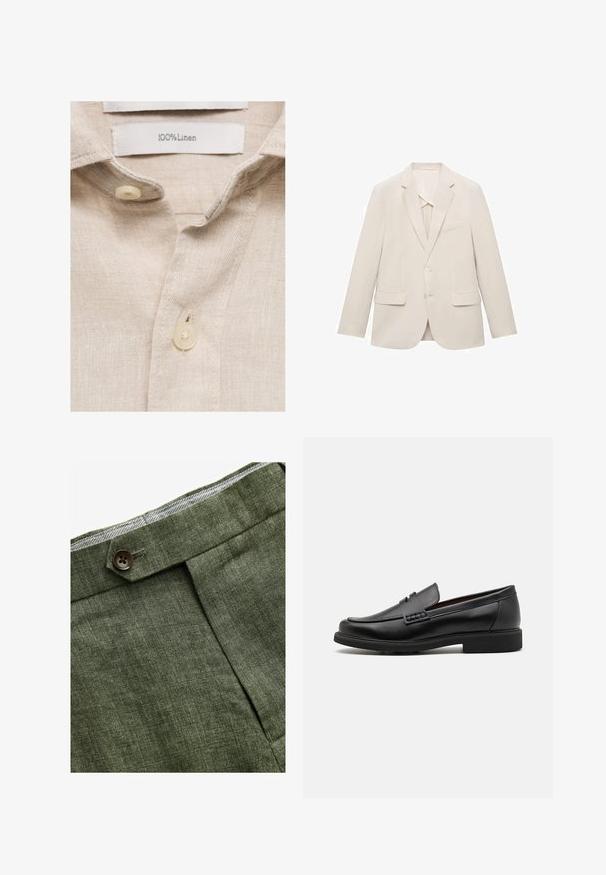 Svetlo béžová sako z hladkej látky, s jednoradovým dizajnom, s výrezovými klopami a dvoma prednými vreckami.; Béžová ľanová košeľa s jemnou textúrou, golierom a dvoma gombíkmi vyrobenými z krémoplastu. Na štítku sa píše "100 % ľan."; Olivové ľanové nohavice s predným záhybom, so zapínaním na gombík a kontrastnou kockovanou podšívkou na pase.; Čierne syntetické poltopánky s výrazným prešitým predným detailom, vycpanou vnútornou stielkou a plochou gumovou podrážkou; elegantný dizajn s minimálnym zdobením.