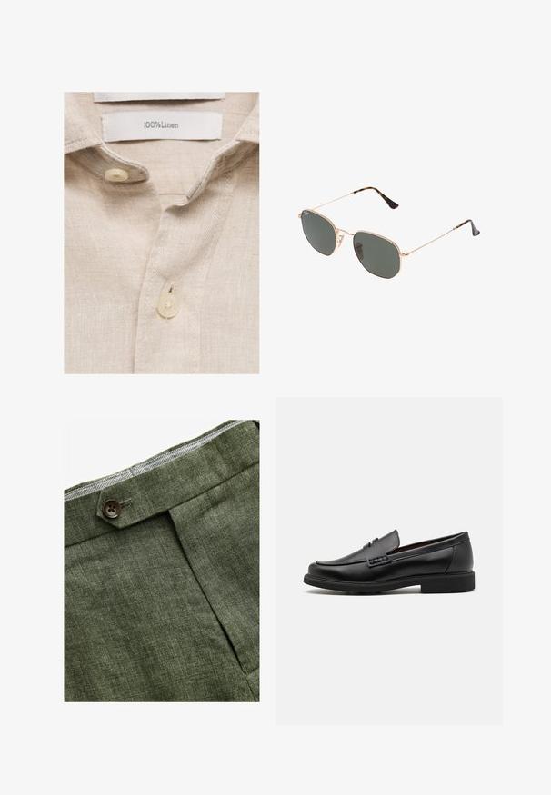 Svetlo bež suknjič iz gladkega materiala, s pravočrtno zasnovo, z obrežnimi reverji in dvema sprednjima žepoma.; Bež srajca iz lanu z mehko teksturo, ovratnikom in dvema gumboma iz kremastega plastike. Nalepka za nego navaja "100 % lan."; Olivnozeleni laneni hlače s prednjim plisem, ki vključujejo gumb za zapiranje in kontrastno karirasto oblogo na pasu.; Črne sintetične loafers čevlje s poudarjenim šivanim sprednjim delom, blazinasto vložkom in ravnim gumijastim podplatom; eleganten dizajn z minimalnimi detajli.; Sončna očala z zlatim kovinskim okvirjem in temno zelenimi lečami, aviatorskega sloga, z vitekimi ročaji in želvovim vzorcem na konicah.