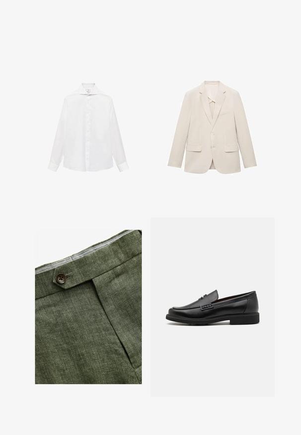 Vaaleanbeige pikkutakki, joka on valmistettu sileästä kankaasta. Takissa on yksirivinen malli, leikattu kaulus ja kaksi etutaskua.; Valkoinen pitkähihainen nappipaita, jossa on terävä kaulus, sileä kangas ja seitsemän nappia edessä.; Olivinvihreät pellavahousut, joissa on etupleetti, napin kiinnitys ja vyötäröllä erottuva ruudullinen vuori.; Musta keinotekoinen mokka, jossa on korostettu ommeltu etuosa, pehmeä sisäpohja ja litteä kumipohja; tyylikäs muotoilu, jossa on vähäistä yksityiskohtaisuutta.