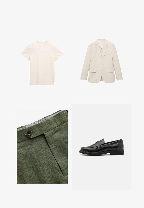 Giacca da uomo beige chiaro realizzata in tessuto liscio, caratterizzata da un design a un petto, rever a inversione e due tasche frontali.; T-shirt in cotone color crema con maniche corte, scollatura rotonda e un tessuto leggermente texturizzato. Nessun motivo o grafiche visibili.; Pantaloni in lino verde oliva con piega frontale, dotati di chiusura con bottone e una fodera a quadretti a contrasto nella cintura.; Mocassini sintetici neri con una spessa cucitura frontale, soletta imbottita e suola piatta in gomma; design elegante con dettagli minimi.