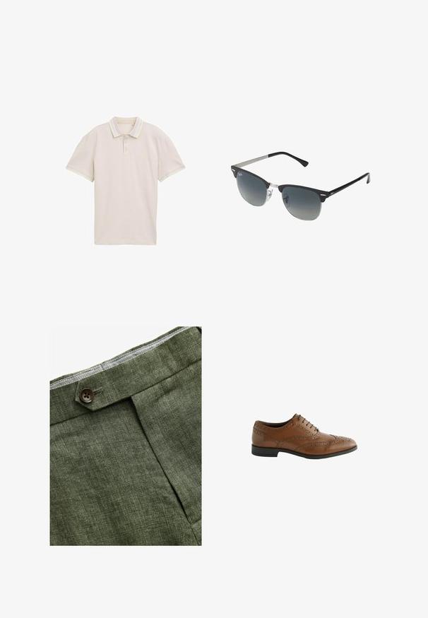 Lichtbeige colbert gemaakt van een gladde stof, met een enkelvoudige sluiting, notch revers en twee voorzakken.; Beige poloshirt met korte mouwen, drie knopen aan de voorkant en contrasterende pastelstrepen op de kraag en mouwmanchetten. Lichtgewicht stof.; Lichtblauwe overhemd met lange mouwen, knoopsluiting en een klassieke kraag, met een rechte zoom en een subtiele textuur. Voorzien van een centrale knoopsluiting.; Olijf groene linnen broek met een voorplooi, voorzien van een knoopsluiting en een contrasterende geruite voering bij de tailleband.; Bruine leren kleding schoen met ingewikkelde brogue details, ronde neus en platte hak. Beschikt over vijf vetersluitingen en een gladde textuur.; Zwarte en zilveren zonnebril met een cat-eye vorm, gradient lenzen en metalen accenten op het montuur. Plastic armen met grijze punten.