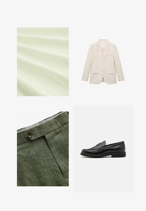 Svetlo béžová sako z hladkej látky, s jednoradovým dizajnom, s výrezovými klopami a dvoma prednými vreckami.; Svetlozelená látka s hladkým povrchom, ktorá vykazuje plytké záhyby. Materiál sa zdá byť ľahký a mierne reflexný pod jemným osvetlením.; Olivové ľanové nohavice s predným záhybom, so zapínaním na gombík a kontrastnou kockovanou podšívkou na pase.; Čierne syntetické poltopánky s výrazným prešitým predným detailom, vycpanou vnútornou stielkou a plochou gumovou podrážkou; elegantný dizajn s minimálnym zdobením.