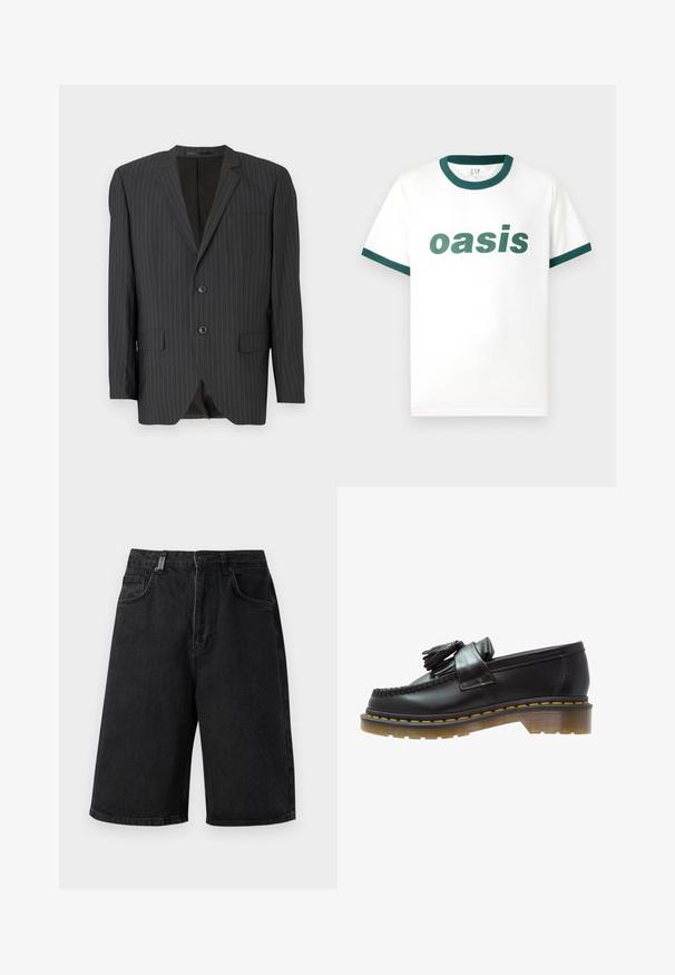 Zwarte colbert met streepdessin, twee-knoopsluiting, notch revers, zijzakken, enkele borstzak en gevoerde binnenzijde. Getailleerde pasvorm.; Witte katoenen t-shirt met groene geribbelde kraag en mouwaccenten. Met op de voorkant opvallende groene tekst die "oasis" spelt.; Zwarte denimshorts met een losse pasvorm, middelhoge taille, vijf zakken en lussen voor een riem. De stof heeft een gladde textuur en subtiele stikseldetails.; Zwarte leren instappers met een gestructureerde afwerking, voorzien van een decoratieve kwast en contrasterende gele stiksels, op een chunky, transparante zool.