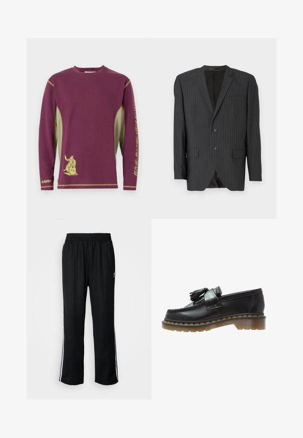 Čierny blazer s prúžkami, s dvojitým gombíkom, klopami, bočnými vreckami, jedným prsným vreckom a podšívkou. Prispôsobený strih.; Dlhý rukáv tričko v bordovej farbe so žltými akcentmi, s grafickým potlačou a sieťovanými bočnými panelmi pre textúru a priedušnosť.; Čierne športové nohavice s elastickým pásom, s bielymi bočnými prúžkami a malým logom. Materiál vyzerá byť mäkký a ľahký.; Čierne kožené mokasíny s textúrovaným povrchom, so zdobnou strapcovou aplikáciou a kontrastným žltým prešívaním, na masívnej priehľadnej podrážke.