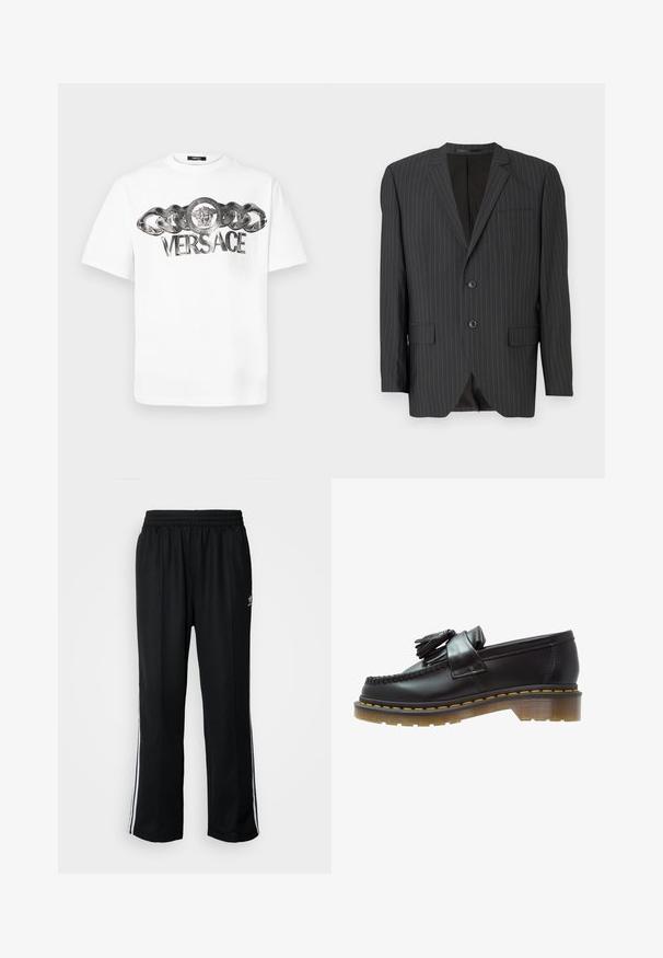 Mustralehter mustriga blazer kahe nupuga sulgemisega, lakke lõikega, küljetaskute, ühe rinna tasku ja vooderdatud sisemusega. Kohandatud istuvus.; Valge puuvillane T-särk, millel on metallist kettide disain ja ümmargune embleem lõviga, millel on selgelt nähtav "VERSACE" logo.; Mustad mustad spordipüksid elastse vöökohaga, millel on valged küljeread ja väike logo. Materjal tundub pehme ja kerge.; Mustad nahast loojakad tekstureeritud viimistlusega, kaunistatud dekoratiivsete tupsudega ja kontrastset kollastniiti, paksel läbipaistval tallal.