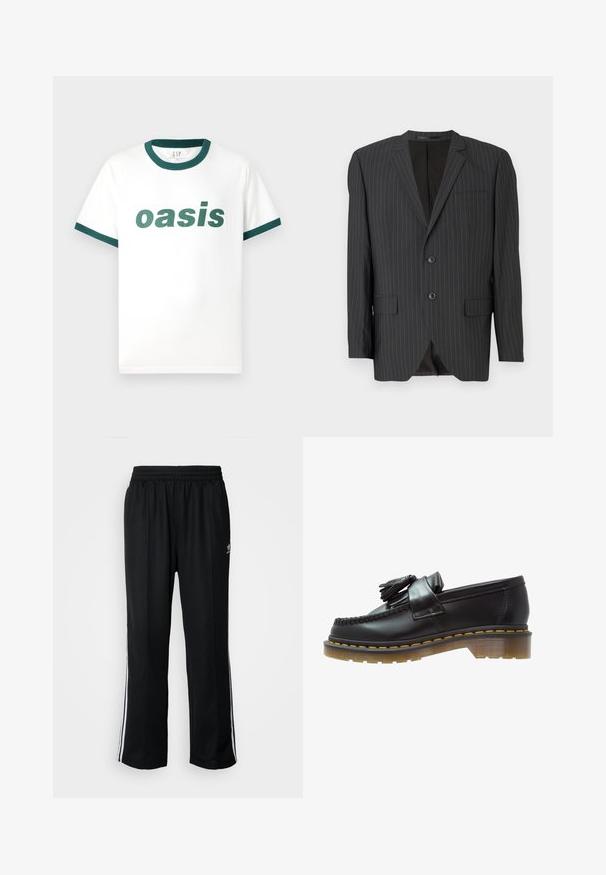 Melns svītrains žakets ar divu pogu aizdari, ar izgrieztām atlokrām, sānu kabatām, vienu krūšu kabatu un odere iekšpusē. Konfekcijas piegriezums.; Balta kokvilnas T-kreklu ar zaļu ribotu apkakli un piedurkņu akcentiem. Satur izteiksmīgu zaļu tekstu, kas uzrakstīts "oasis" priekšpusē.; Melni sporta bikses ar elastīgu jostas vietu, kurām ir baltas sānu svītras un neliels logotips. Materiāls izskatās mīksts un viegls.; Melni ādas loafers ar teksturētu apdari, ar dekoratīvu pušķi un kontrastējošām dzeltenām šuvēm, uz masīvas caurspīdīgas zoles.