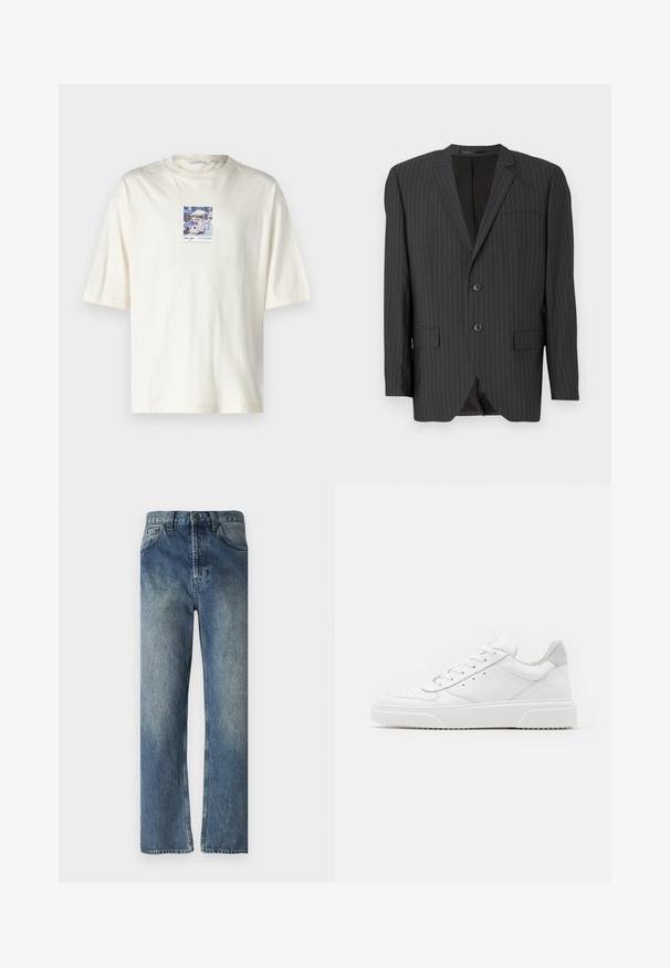 Sacou cu dungi negre, cu închidere prin două butoane, rever cu decupaj, buzunare laterale, un buzunar pe piept și interior căptușit. Croi ajustat.; Cămașă cu mânecă scurtă de culoare crem, fabricată din bumbac, cu un grafic pătrat al unei scene de stradă din New York în centru. Design standard cu gât rotund.; Jeans din denim albastru cu croială dreaptă, având un finisaj decolorat, bucle pentru brâu, buzunare frontale și un singur buzunar pe partea din spate.; Adidași din piele albă cu un finisaj neted, vârf rotunjit, șireturi plate și o talpă texturată. Accente din piele întoarsă gri la călcâi.