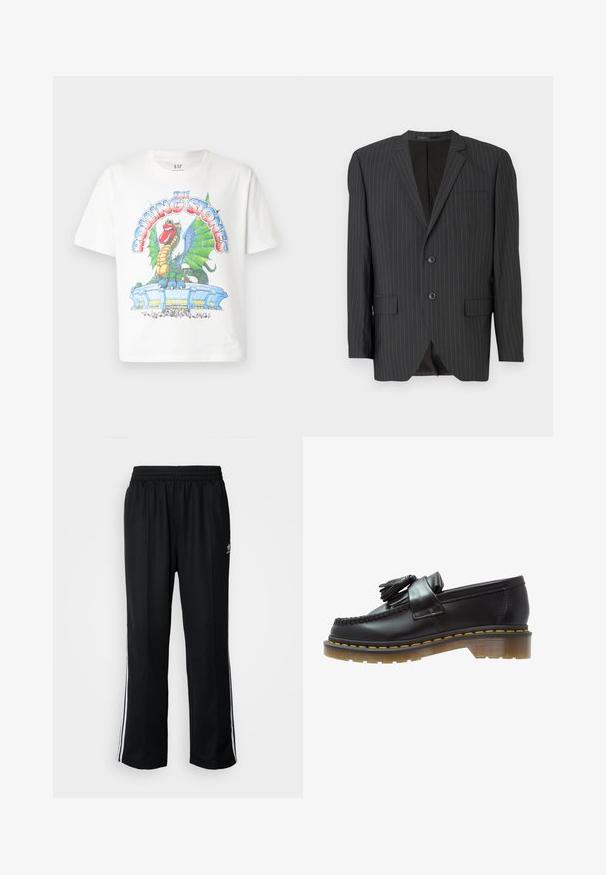 Sort blazer med smalle striber, to-knaps lukning, klapkraver, sidelommer, enkelt brystlomme og foret inderside. Skræddersyet pasform.; Hvid bomulds T-shirt med et farverigt grafisk tryk af en drage og et stadium, med teksten "The Rolling Stones" i fed, stiliseret skrift.; Sorte træningsbukser med elastisk talje, der har hvide sidestænger og et lille logo. Materialet ser blødt og let ud.; Sorte læder loafers med en tekstureret overflade, der har en dekorativ kvast og kontrasterende gul syning, på en chunky, transparent sål.
