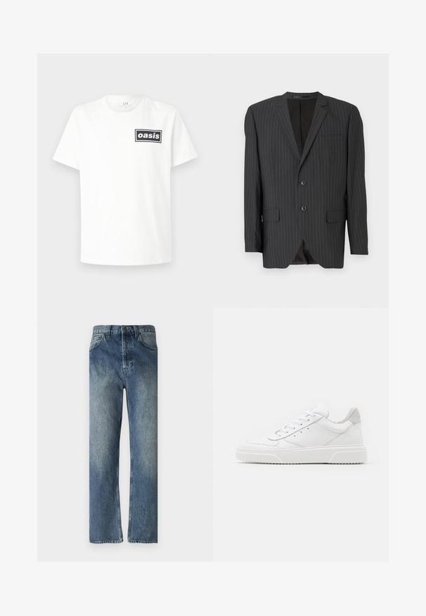 Černý sako s jemným proužkem, dvouřadým zapínáním, klopovými límci, bočními kapsami, jednou náprsní kapsou a podšívkou. Přizpůsobený střih.; Bílý bavlněný tričko s černým obdélníkovým logem se slovem "oasis" uprostřed. Krátké rukávy a klasický design s kulatým výstřihem.; Modré džíny z denimu s rovnými nohavicemi, se světlejší barvou, poutky na opasek, předními kapsami a jednou zadní kapsou.; Bílé kožené tenisky s hladkým povrchem, zaoblenou špičkou, plochými tkaničkami a texturovanou podrážkou. Šedý semišový detail na patě.