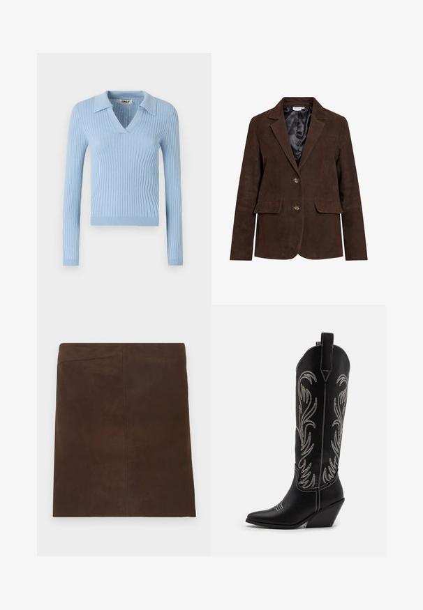 Brown suede blazer with a notched collar, two front pockets, and two buttons. Interior lined with black satin. Tailored fit and clean lines.; Light blue ribbed sweater with long sleeves, V-neckline, and a collar; features a soft texture and fitted design.; Brown suede mini skirt with a clean, simple design. Features a straight shape and seamless vertical stitching for minimal detailing.; Black leather cowboy boots with pointed toes, wedge heels, and silver embroidered floral patterns along the shaft. Contrast stitching throughout.