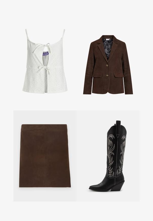 Hnedý semišový blazer s klopovým golierom, dvoma prednými vreckami a dvoma gombíkmi. Interiér podšitý čiernym saténom. Úzky strih a čisté línie.; Biely bezrukávový top s výrezom, predným zaväzovaním, kľúčovou dierkou a nastaviteľnými ramienkami. Tkanina má textúrovaný povrch.; Hnedá semišová mini sukňa s čistým a jednoduchým dizajnom. Má rovný strih a hladké vertikálne švy pre minimálne detaily.; Čierne kožené kovbojské čižmy s špicatými prstami, klinovými podpätkami a striebornými vyšívanými kvetinovými vzormi po celej dĺžke. Kontrastné šitie po celom povrchu.