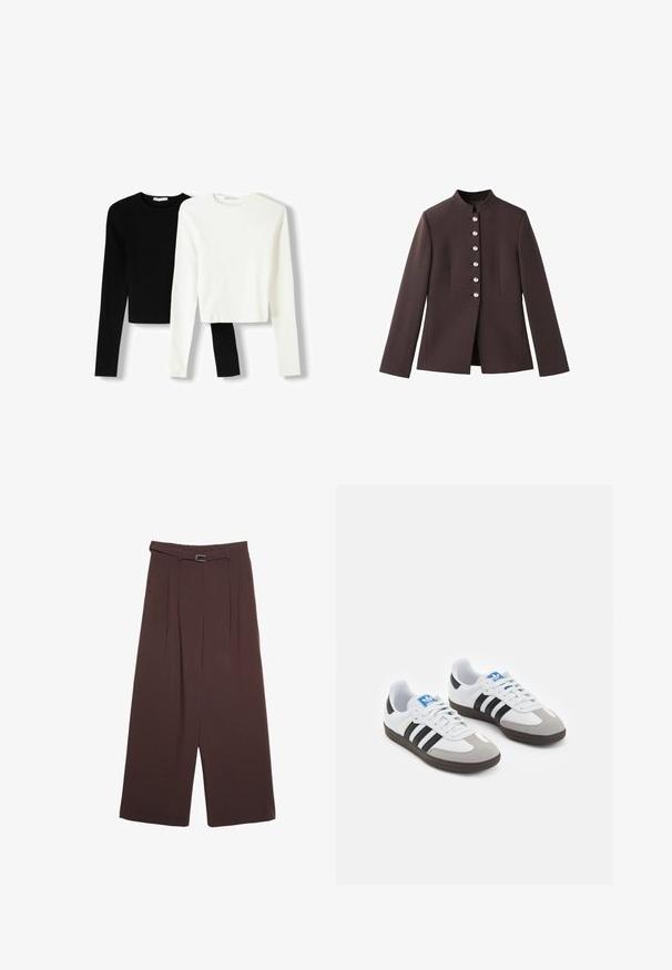 Tamno smeđi kaput s visokim ovratnikom, koji ima prednje zapinjanje na šest dugmadi s perlatnim detaljima i duge rukave. Prilagođeni kroj.; Dva dugačka krojena gornja dijela s dugim rukavima, jedan crni i jedan bijeli, izrađeni od glatke tkanine s okruglim izrezima i prilagođenim dizajnom.; Stradivarius WIDE-LEG WITH BUCKLE DETAIL - Hlače - dark brown; Sportske cipele s gornjištem od bijele kože, sivi suedinasti nos i tri crne pruge. Imaju plavi logo na jeziku i teksturiranu gumenu podlogu.