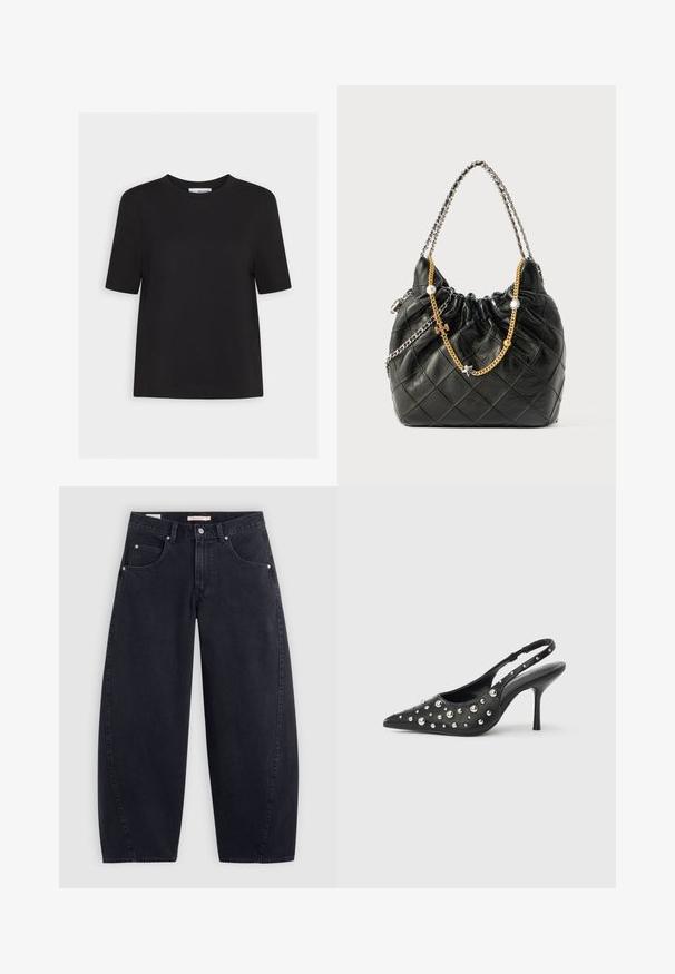 Svart kort blazer med notch-krage, långa ärmar och slät tyg utan synliga mönster eller metalldelar. Bakifrån visad.; Svart bomullströja med rundad halsringning, korta ärmar och rak nederkant. Enkelt mönster, utan synliga mönster eller detaljer.; Svarta denim byxor med vida ben och hög midja, två framfickor och silverdetaljer. Slät textur, minimal sömnadsdetaljer och rak passform.; Svart slingbacksko med hög klack, spetsig tå, nitar och glansiga silverdetaljer. Slät läderstruktur med smal stilettklack.; Svart läderhandväska med quiltat mönster, dragsko-upptäck, och dubbla kedjehandtag med guld- och silverdetaljer samt dekorativa hängen.; Halsband med transparenta runda pärlor, silverfärgad hårdvara och en rosa hjärtformad berlock med en fasetterad yta.