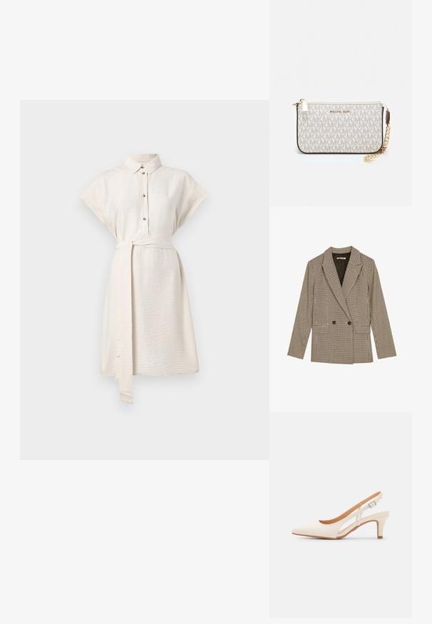 Prindi kahe nööbiga bleiser pruunide ja mustade ruuduline mustriga, millel on lõigatud krae, küljetaskud ja veidi tekstuuriga riie.; Kreem värvi lühikeste varrukate ja kaelusega särgimekko, nööpidega esiosal ja vöödega. Sile tekstuur ning põlvepikkune hem, küljetaskudega.; Valge slingback konts, terava ninaga, siledast ülemisest materjalist, madala ploki kontsaga ja külgse nähtavusega ning reguleeritava pandla rihmaga.; Michael Korsi randmevõru beige kaetud kangast, millel on korduv MK logo muster, kuldne riistvara ja eemaldatav ahelistrap.
