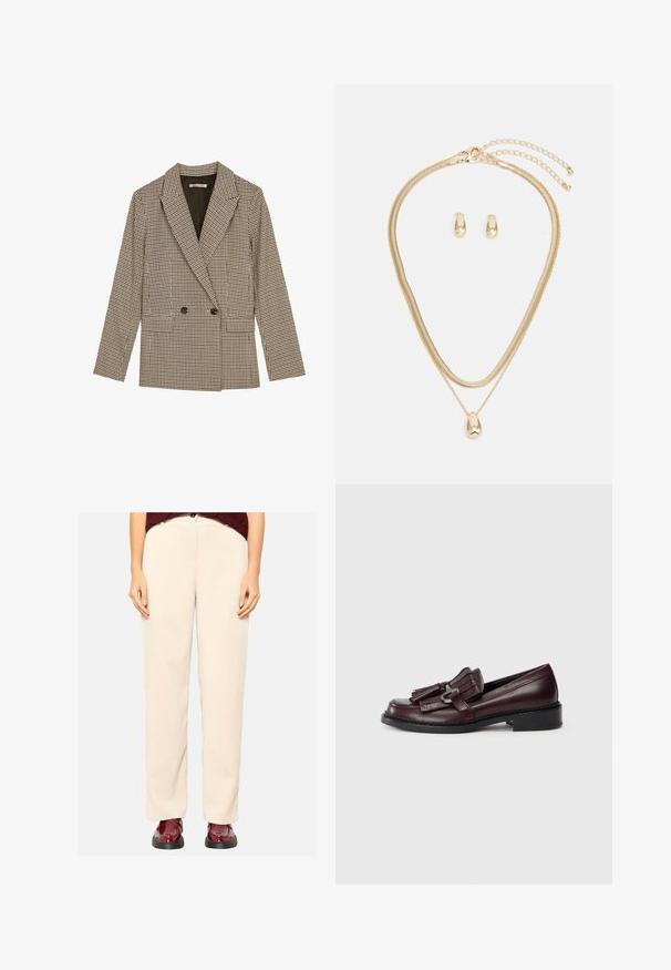 Divpusējais uzvalks brūnā un melnā rūtainā rakstā, ar izteiktām apmalēm, sānu kabatām un viegli teksturētu audumu.; Ribota adīta garām piedurknēm blūze off-white tonī ar augstu apkakli un šauru piegriezumu. Iezīmē vertikālu tekstūru un īsu apakšmalu.; Beige korduroja bikses ar taisnu kāju dizainu, plašām kājām un ribotu tekstūru, apvienotas ar spīdīgām bordo krāsas kurpēm.; Burgundijas krāsas ādas loafers ar frizētā akcentu, noapaļota purngala un zemu, cietu melnu papēdi. Sīkākā šuvēšana gar zoli.; Zelta rotaslietu komplekts ar daudzslāņu kaklarotu, kas rotāta ar asaras formas kulonu, un atbilstošām piekariņām, viss pulēts apdarē.