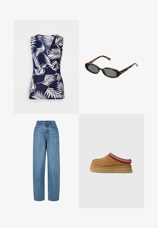 Divpusējais uzvalks brūnā un melnā rūtainā rakstā, ar izteiktām apmalēm, sānu kabatām un viegli teksturētu audumu.; Krēmkrāsas džemperis no maigas auduma ar apaļu kakla izgriezumu. Ar melnu izšūtu tekstu: "Sporta un atpūtas klubs" un logo. Ribu piedurknes.; Tumši zils topiņš bez piedurknēm ar apņemšanas dizainu, ar baltām tropiskām lapu zīmēm, gludu tekstūru un V-veida kakla izgriezumu.; Gai zila džinsu bikses ar taisnu kāju dizainu, kurām ir pogu aizdare, pieci kabatas un viegla izbalēšana visā audumā.; Brūni zamšs iegriežamie apavi ar sarkanu un krēmīgu rakstu apdari, strukturētu zoli un UGG logotipu malā. Iezīmē vieglu platformas augstumu.; Bruņurupuča apvalka saulesbrilles ar ovālām rāmēm un zaļiem stikliem. Rāmjiem ir plānas kājas ar metāla akcentu tuvu eņģēm.