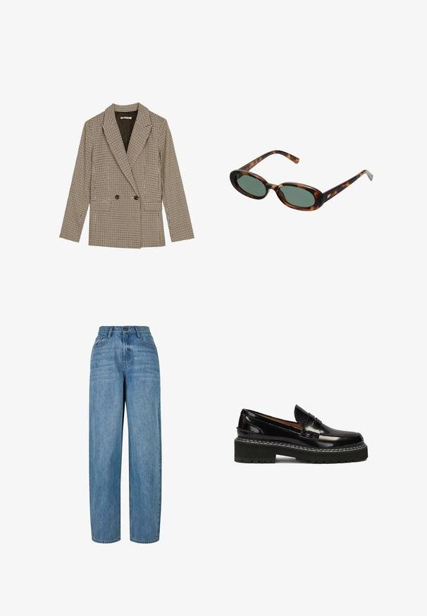 Kaksirivinen jakku ruskeassa ja mustassa ruudullisessa kuosissa, jossa on viistetyt läpät, sivutaskut ja hieman teksturoitu kangas.; Kermansävysinen neule pehmeästä kankaasta, jossa on pyöreä pääntie. Siinä on mustaa brodeerattua tekstiä: "Sports & Leisure Club" ja logo. Ribbaavat hihansuut.; Vaaleansininen farkkukangas, suora lahjemuotoilu, jossa on nappikiinnitys, viisi taskua ja hillitty haalistuminen kankaan kautta.; Mustat laukkulastulevat nahkakengät, joissa on paksu musta kumipohja, jota korostaa valkoinen ommel ja koristeellinen etuhihna.; Kilpikonnakuosisuntit, joissa on soikeat kehykset ja vihreät linssit. Ominaisuuksiin kuuluu ohuet varret, joissa on metallinen korostus saranan lähellä.