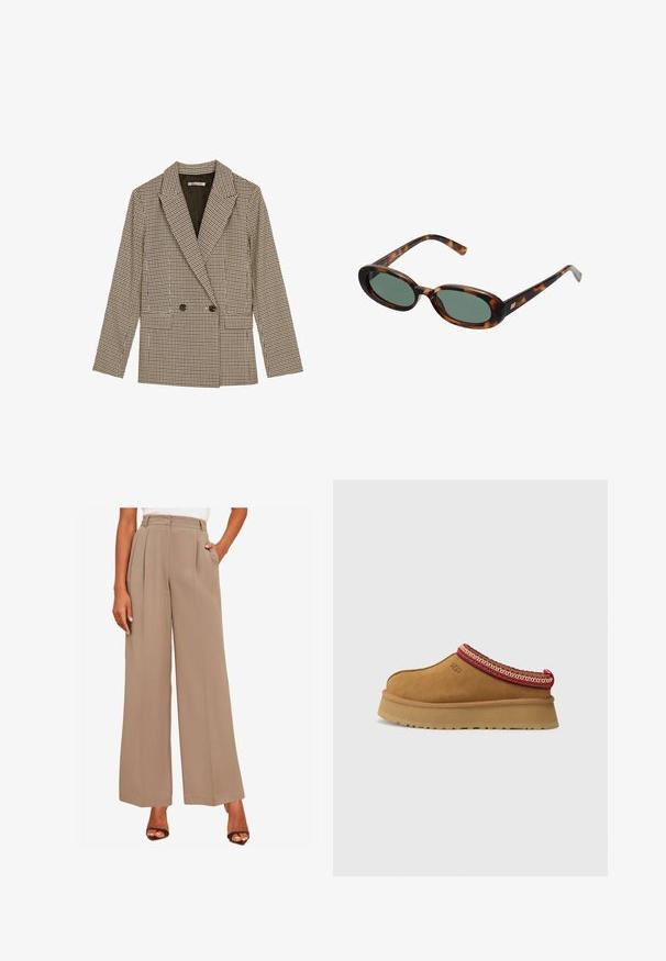 Dvoredni sako u smešano-crnoj kockastoj šari, s reverima, bočnim džepovima i blago teksturiranim materijalom.; Svijetložuti pulover od mekog materijala s okruglim izrezom. Sadrži crni vezeni natpis: "Sports & Leisure Club" i logo. Ribani manžeti.; Friends Like These PREMIUM WIDE LEG - Hlače - natural; Smeđe zamšaste cipele na sklizanje s crveno-cream uzorkom oko ruba, teksturiranim potplatom i UGG logom sa strane. Imaju blagu platformu.; Sunčane naočale u boji kornjače s ovalnim okvirom i zelenim staklima. Imaju tanke ručke s metalnim detaljem blizu šarki.