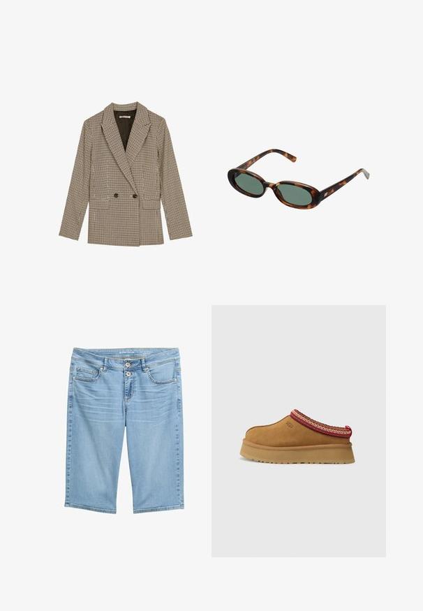 Dvoredni blejzer v rjavi in črni karirani vzorec, z oživljenimi reverji, stranskimi žepi in rahlo teksturirano tkanino.; Kremni pulover iz mehkega materiala s krožnim izrezom. Ima črno vezen napis: "Športni in prosti čas klub" ter logotip. Rebrasti manšeti.; Svetlo modri jeans Bermuda šortsi s srednjim pasom, dvema sprednjima žepoma in dvema gumboma za zapiranje. Gladka tekstura in ravno krojenje.; Rjavi suede natikači z rdečo in smetano obrobo z vzorcem, teksturiranimi podplati in logotipom UGG na strani. Imajo rahlo povišano platformo.; Žirafne sončna očala z ovalnimi okvirji in zelenimi lečami. Imajo tanke ročice z metalnim poudarkom blizu tečajev.